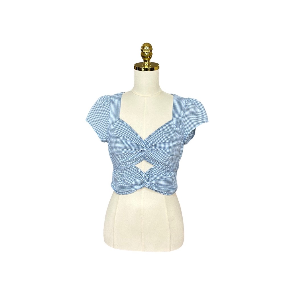 Urban Romantics Blue Gingham Twist Front Cutout Crop Top Smocked Back Medium